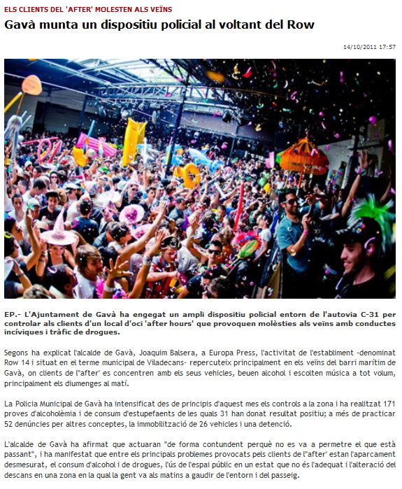 Comunicado de prensa emitido per la agencia EUROPA PRESS sobre la actuaci�n que la Polic�a Local de Gav� llevar� a cabo en Gav� Mar para acabar con el incivismo de algunos clientes del afterhour ubicado en el litoral de Viladecans (14 Octubre 2011)